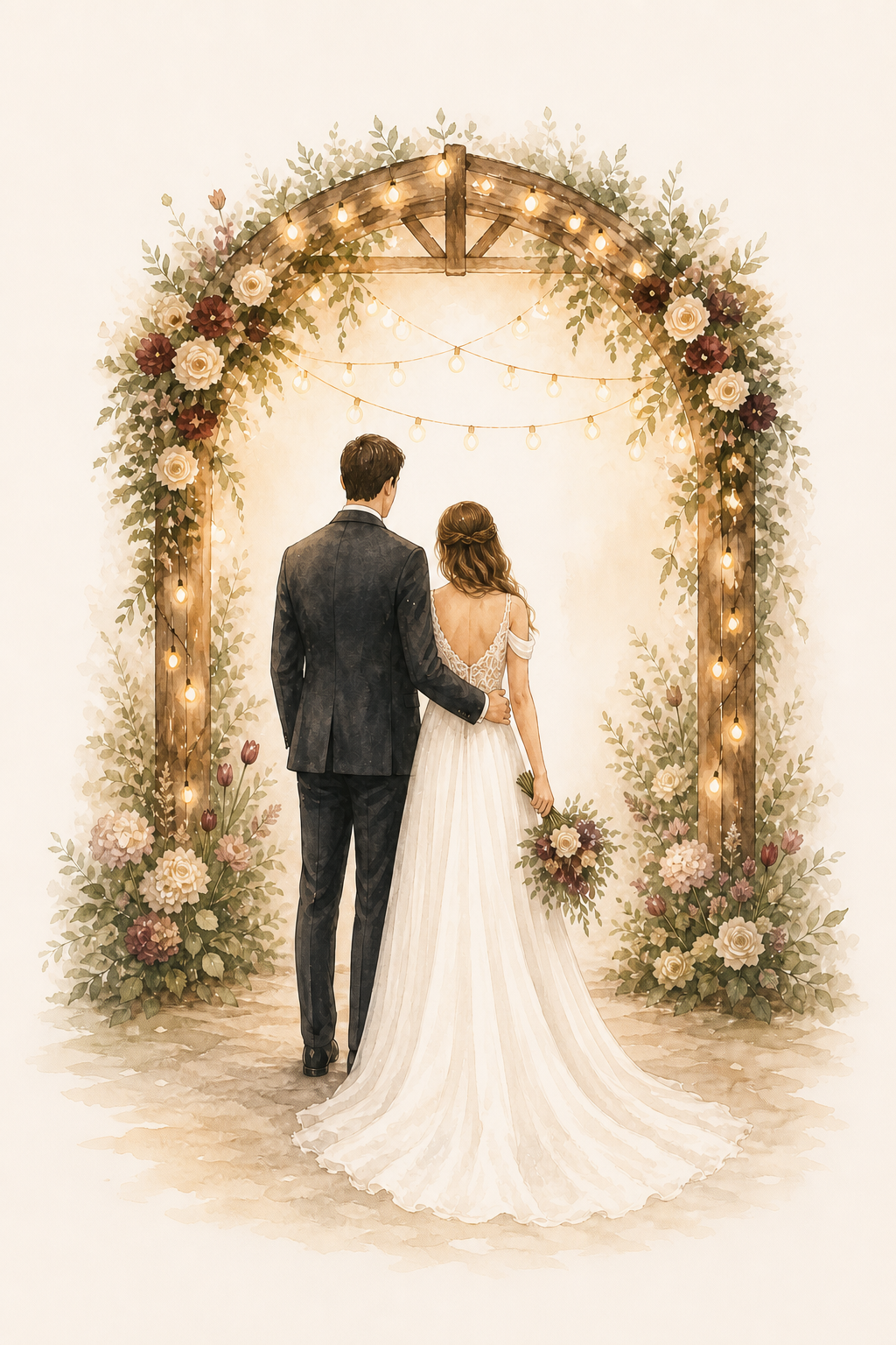Ilustración personalizada de Camila y Diego de espaldas bajo el arco iluminado de su celebración
